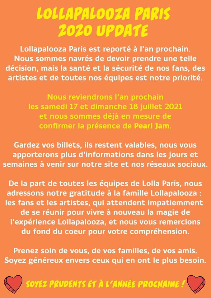 C'est le tour du Lollapalooza d'annuler son édition 2020 !! 