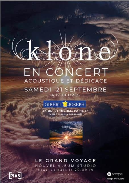KLONE en spécial concert acoustique et dédicace chez Gibert joseph  34 bld St Michel Paris 6°, le samedi 21 septembre!